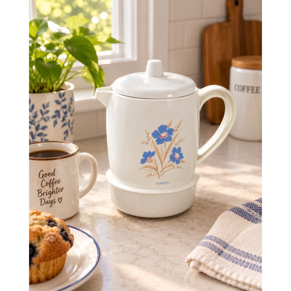 Vintage Norelco 4 Cup Automatic Coffee Percolator Blue Floral White w/ Box
